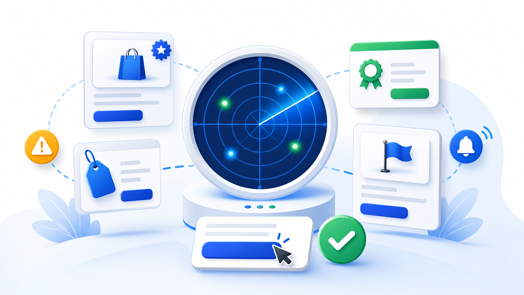 Illustration of monitoring signals, alerts, and competitor changes around a radar