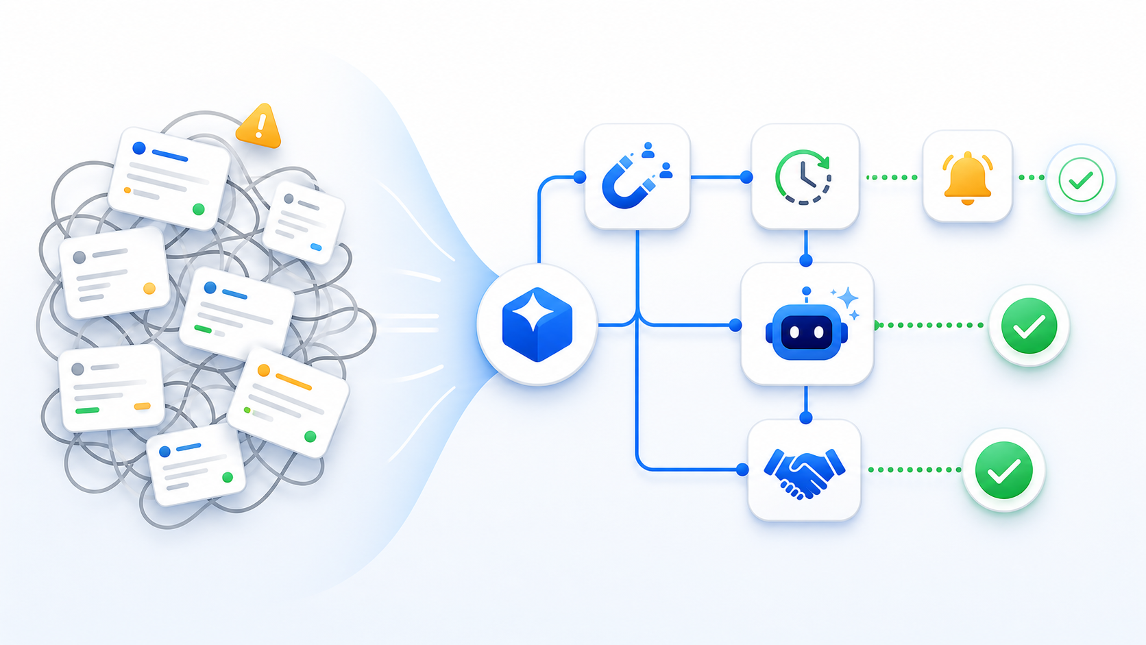 Illustration of messy manual work becoming automated routing, AI workflow, and follow-up