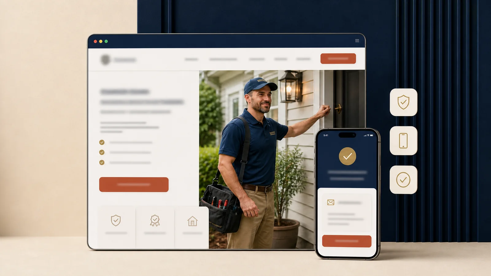 Illustrative local service website displayed on desktop with a completed mobile inquiry