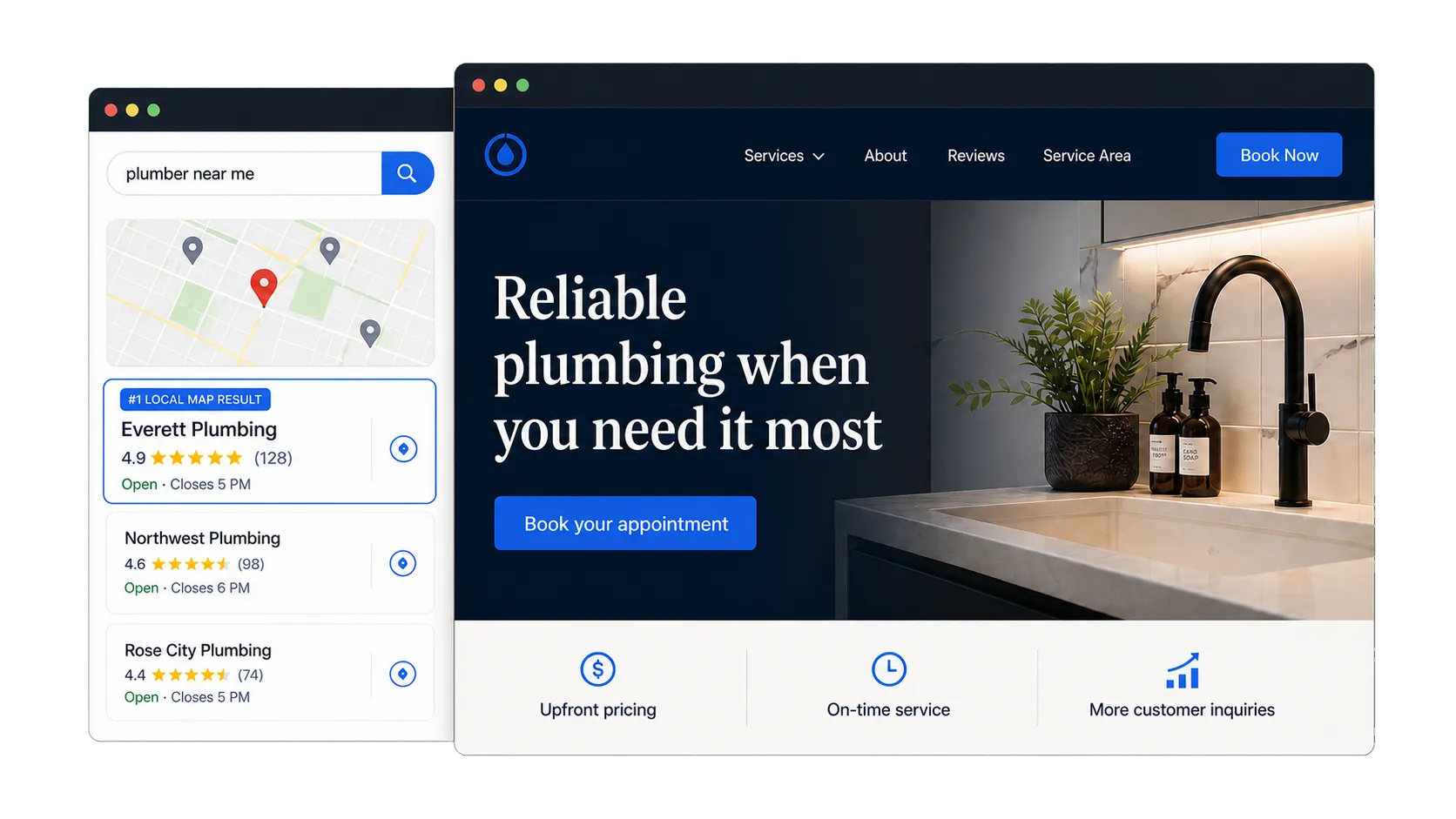 Generated illustration showing a number-one local map result beside a service website designed to generate more customer inquiries