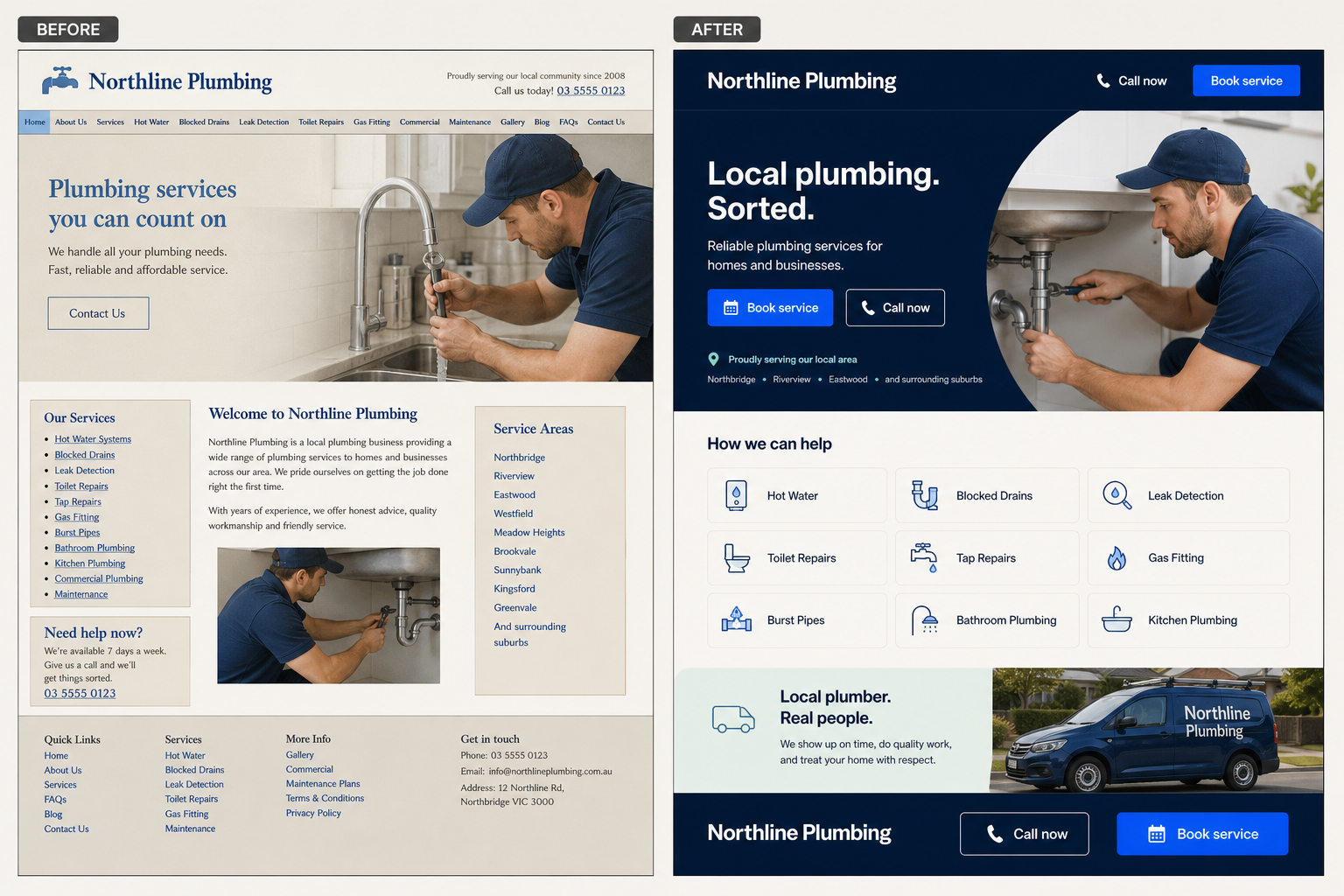 Illustrative before and after website concept for fictional Northline Plumbing, not a client result