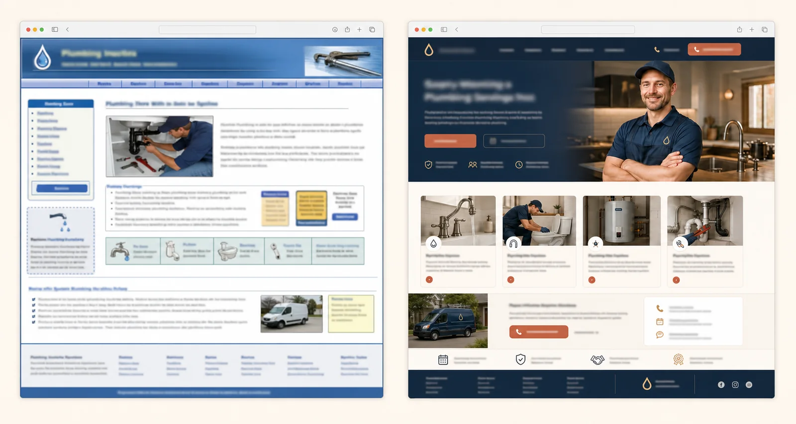 Before and after homepage concept for a fictional plumbing business