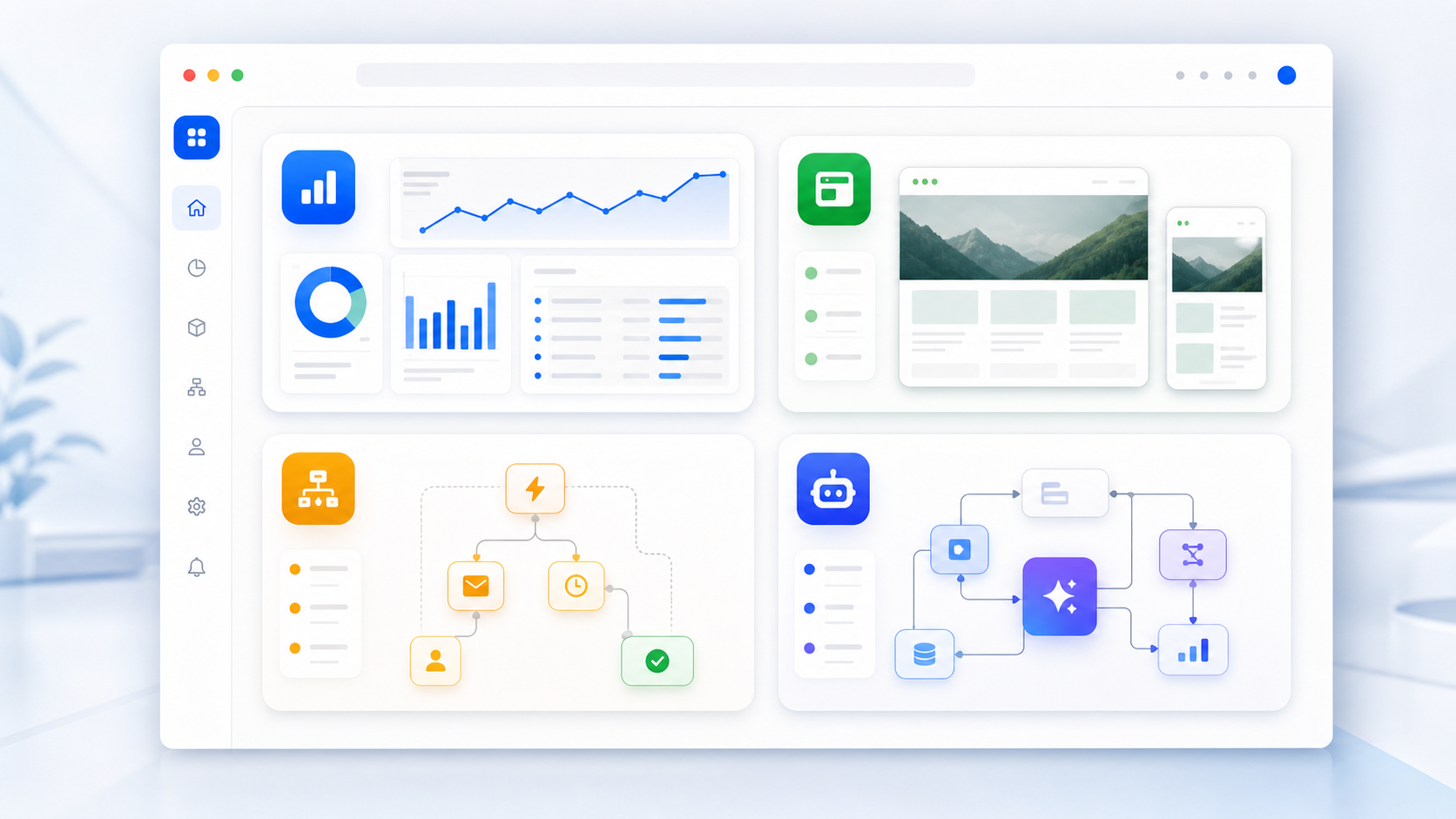 Wide Zendory revenue system visual showing reports, websites, automations, and AI workflows